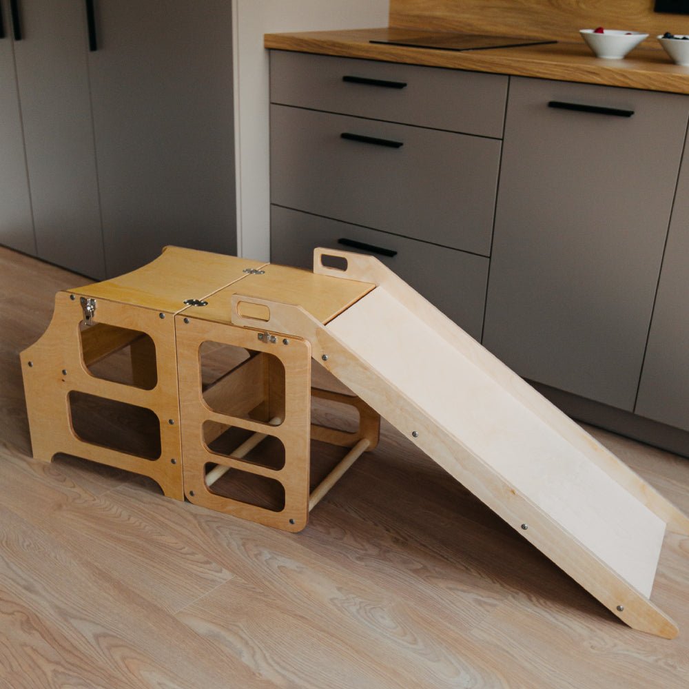 Foldable Kitchen Tower With a Slide - Duck Woodworks