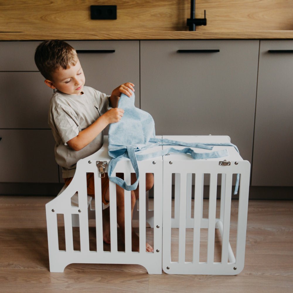 Foldable kitchen tower with slide (striped collection) - Duck Woodworks