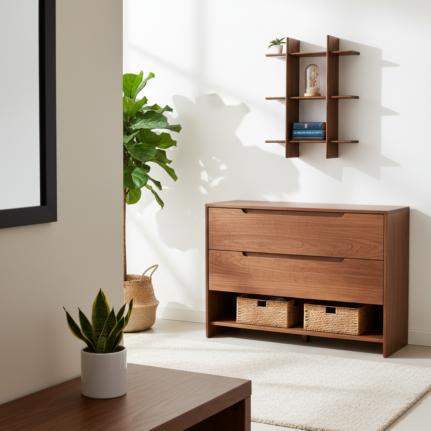 A beautiful and realistic entryway room with a proportionally sized entryway unit that matches the c 2