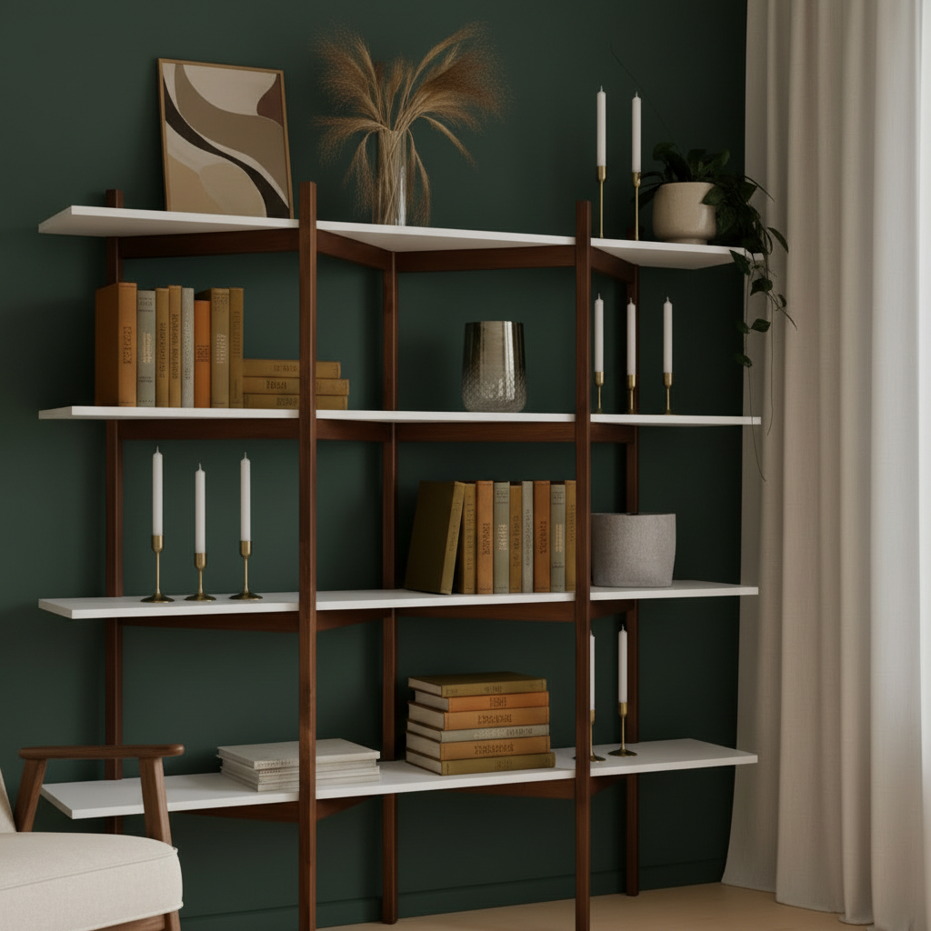 A close up shot of the shelf from  subject 1   highlighting the details of the shelves and their dec