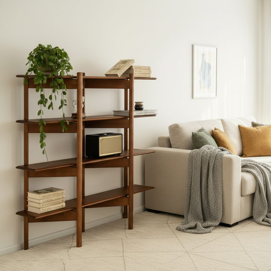 A cozy living room with bright  natural lighting  a comfortable sofa  and the  shelf  placed on the