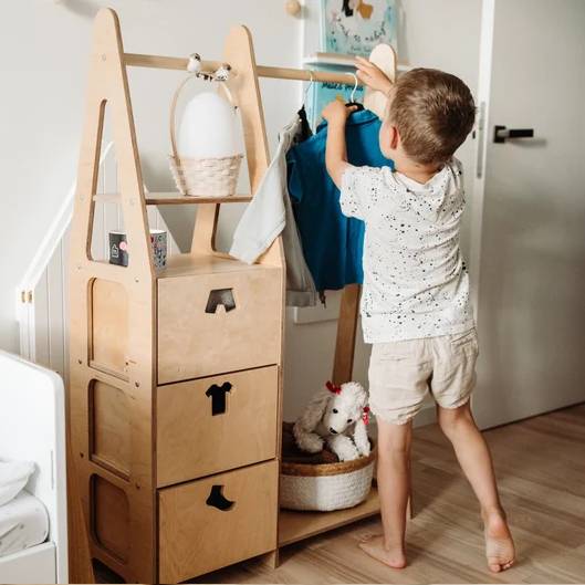 Clothing Rack with drawers (clothing shape holes) - Duck Woodworks