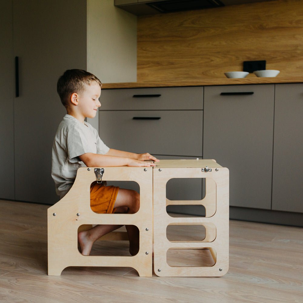 Foldable Kitchen Tower With a Slide - Duck Woodworks
