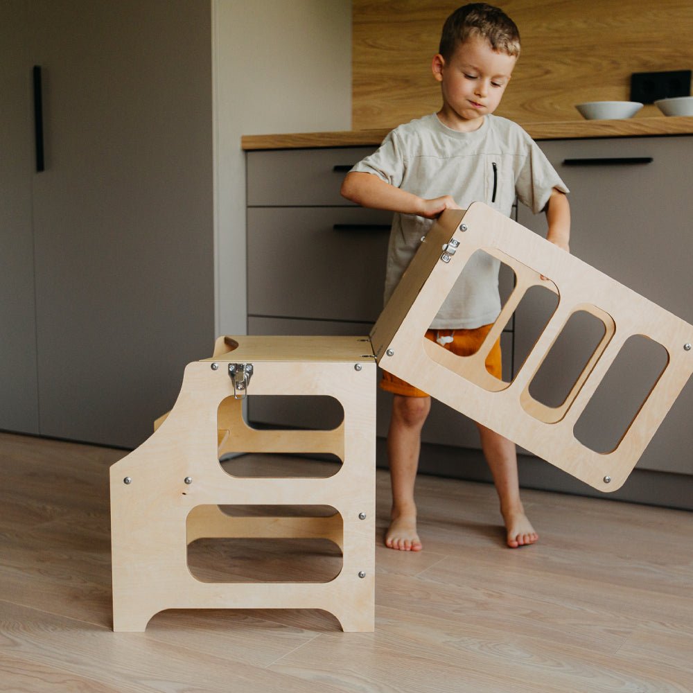 Foldable kitchen tower high chair with a slide - Duck Woodworks