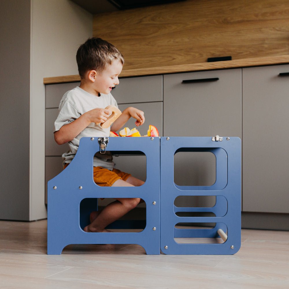 Foldable kitchen tower high chair with a slide - Duck Woodworks