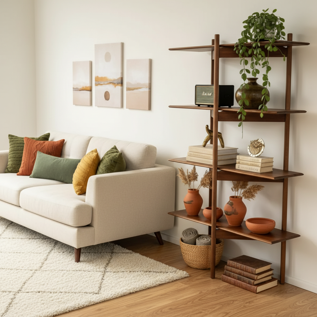 Place  subject 1  in a bright  cozy living room next to a comfortable sofa  The room should have war