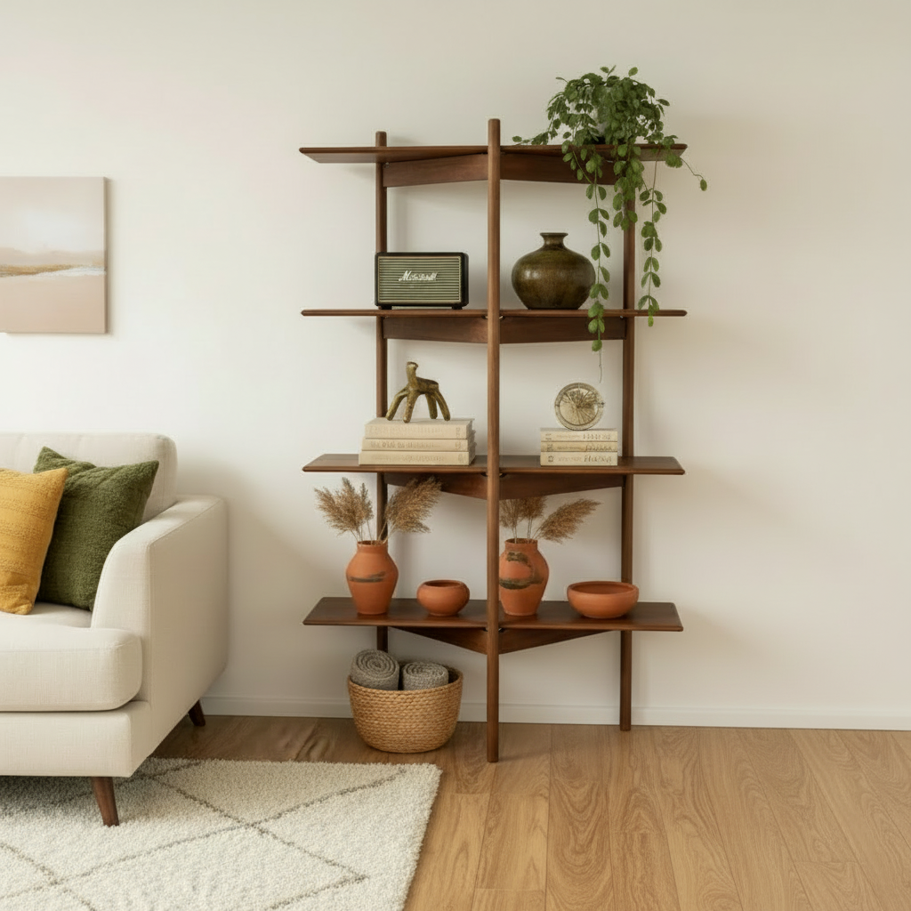 Wooden bookshelf with decorative items in a living room setting