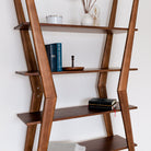 Wooden ladder shelf with books and decorative items against a white wall